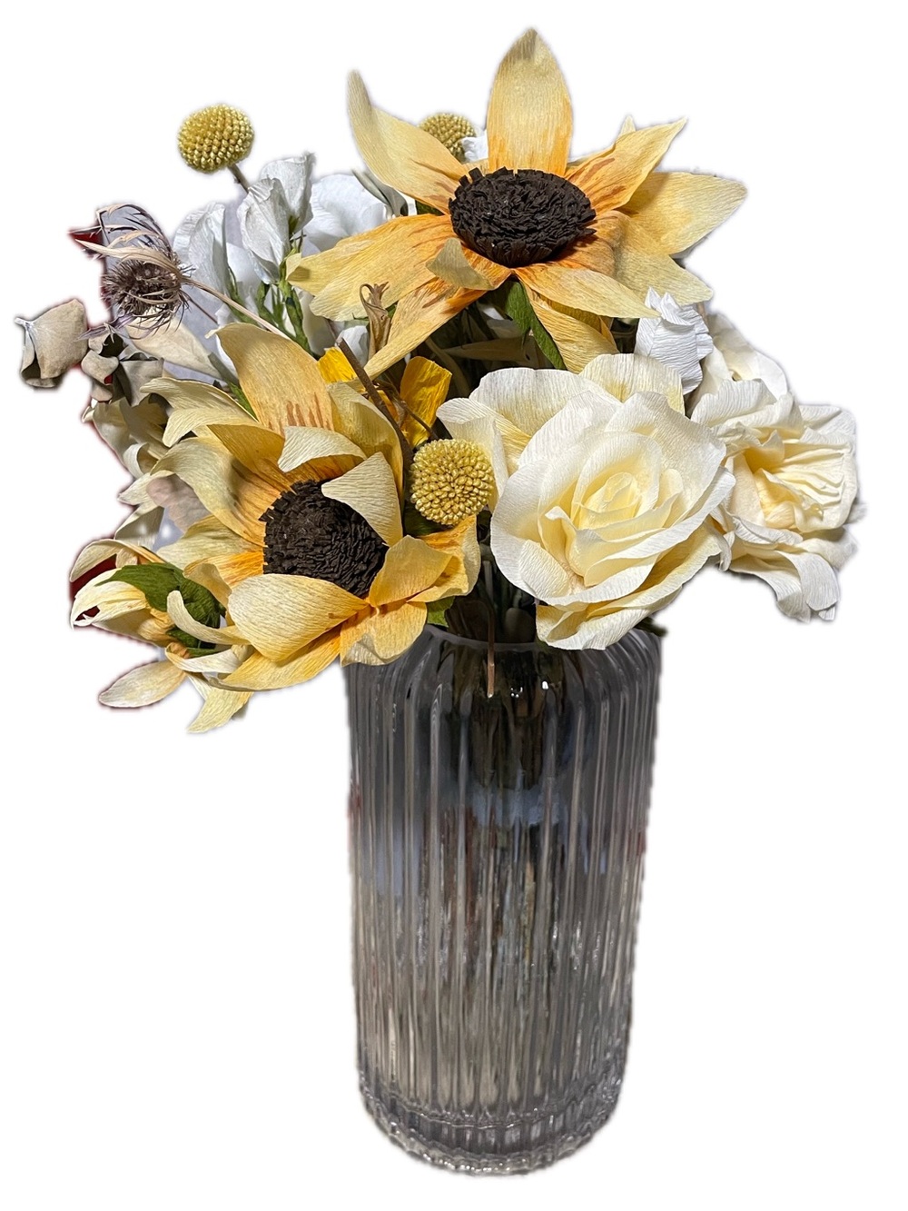 Elegant Tall Clear Ribbed Glass Vase w/Vibrant Faux Florals - Home Accents